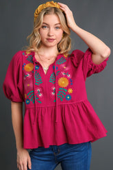 Umgee Full Size Cotton Gauze Floral Embroidery Babydoll Blouse Plus Size Deep Rose OutfitFlow
